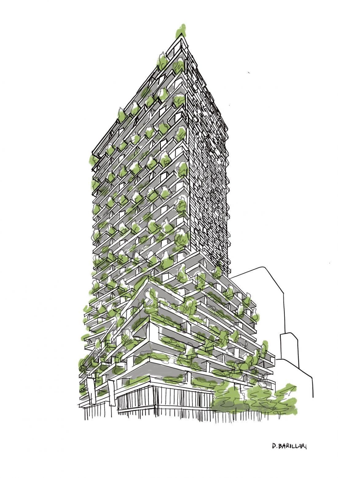 Zielony wieżowiec Wonderwoods w Utrechcie, Holandia – szkic projektu 