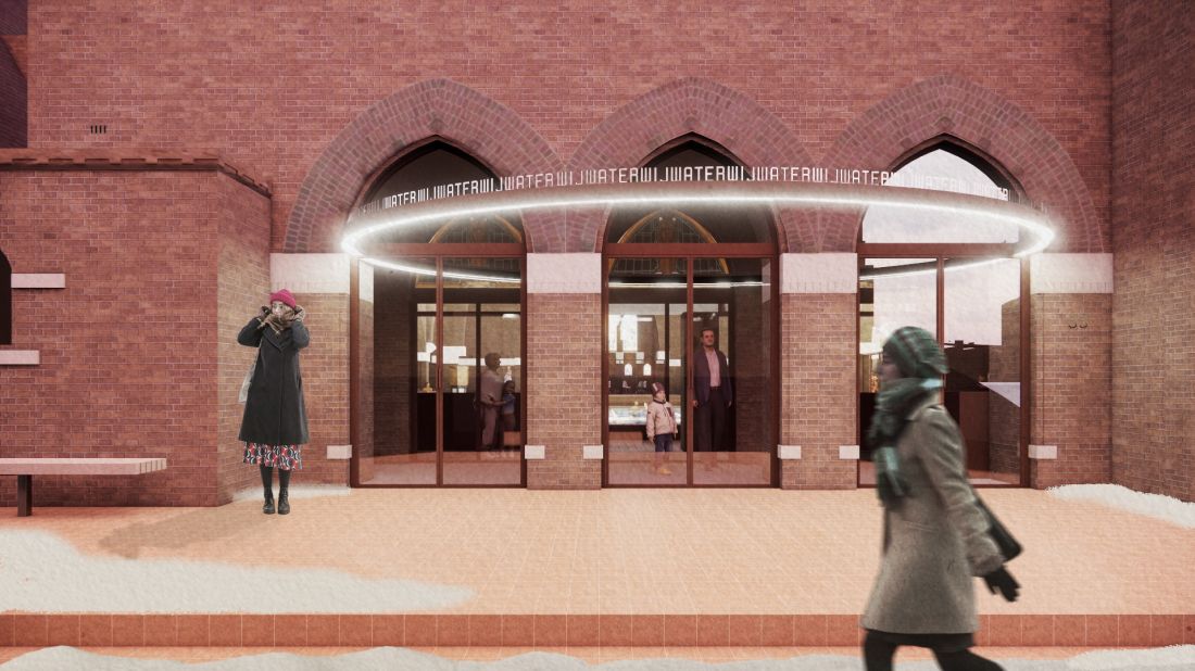 Transformacja kościoła w Heerlen na publiczny basen - wizualizacja wejścia 