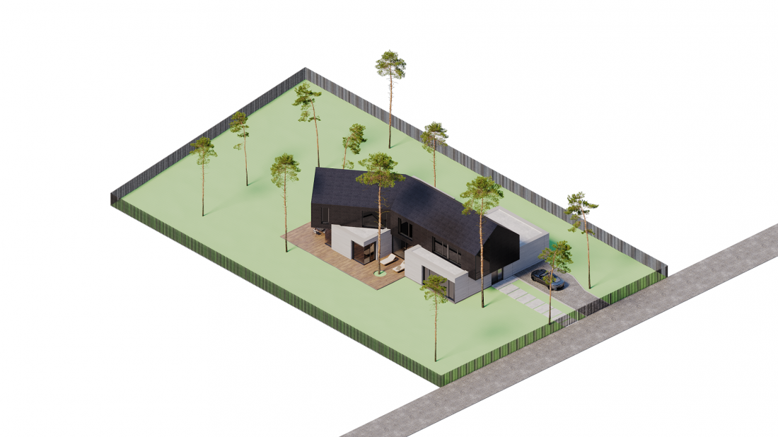 Projekt domu jednorodzinnego „Wstęga między sosnami” (wizualizacja)