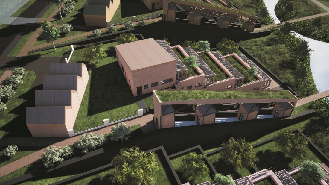 rząd segmentów tarasowych jednorodzinnych wraz z garażami i windą terenową