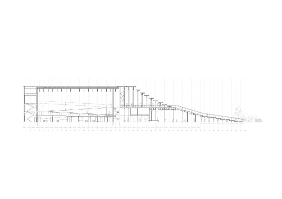 Pawilon Hiszpanii na Expo 2025 w Osace – przekrój podłużny 