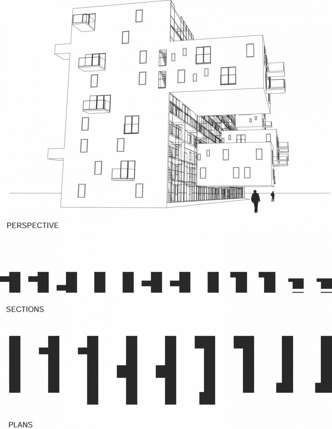 Budynek mieszkaniowy WoZoCo w Amsterdamie - schemat perspektywy, przekrojów i planów