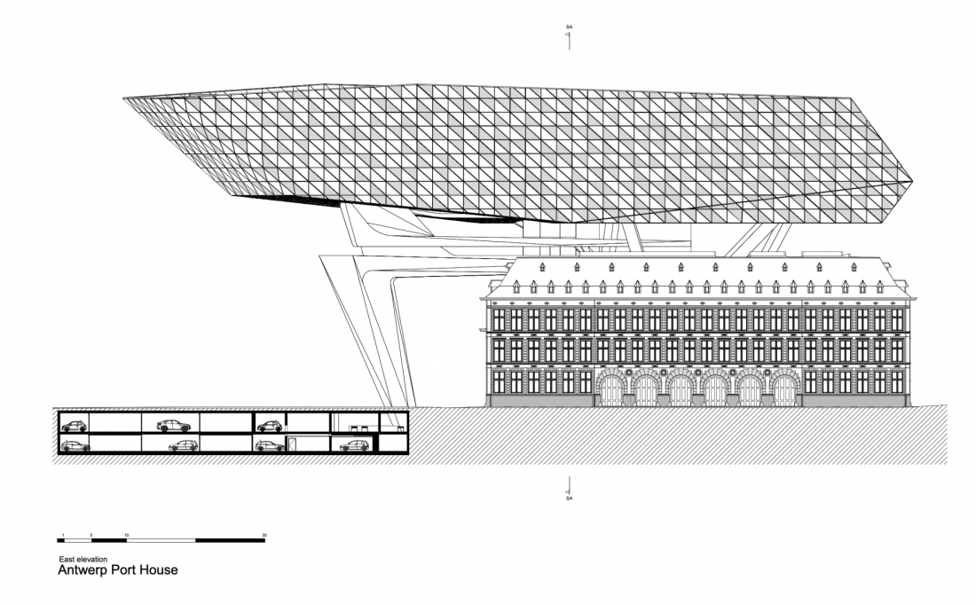 Stara strażnica to zabytkowa baza projektu, zintegrowana z nowoczesną architekturą - rysunek elewacji 