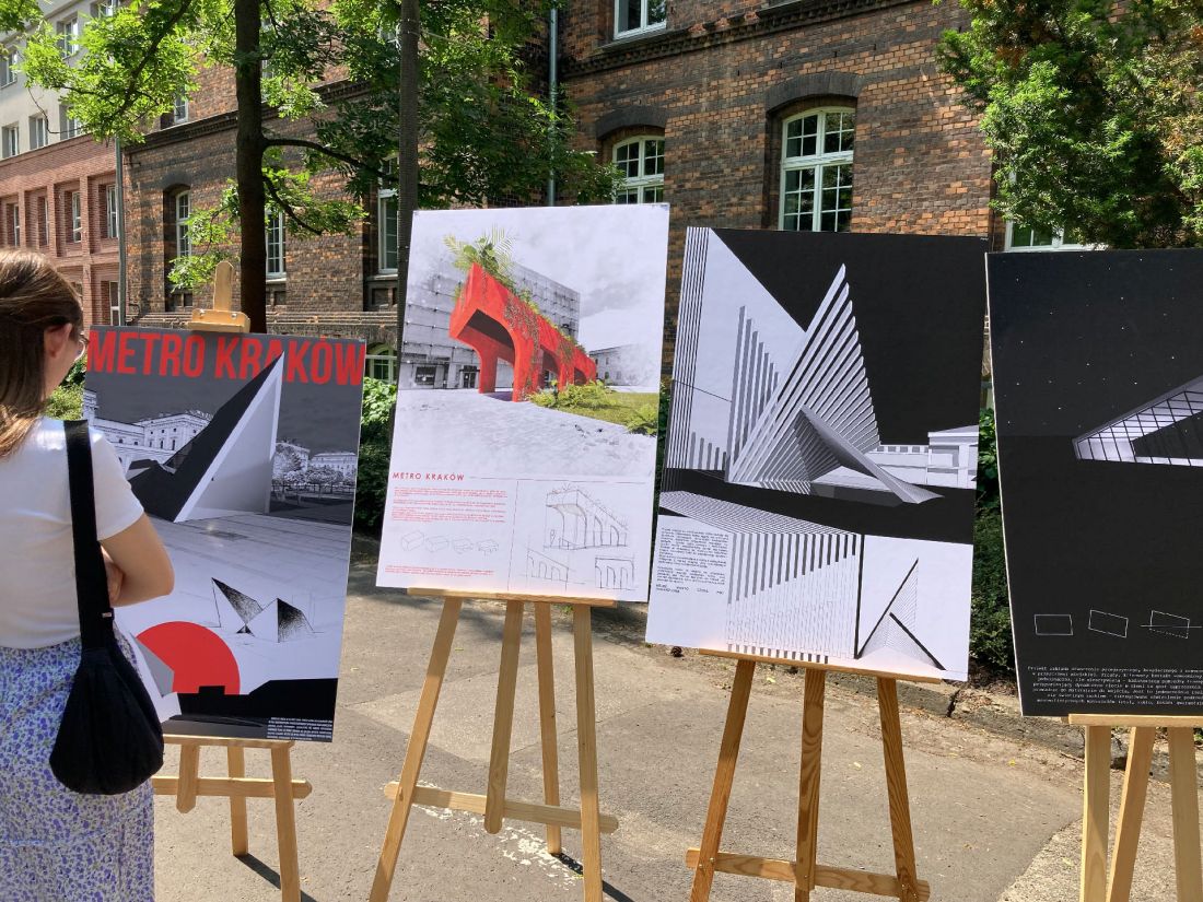 prace nagrodzone i wyróżnione w konkursie na poster ilustrujący wizję wejścia do stacji metra „Dworzec Główny” w Krakowie
