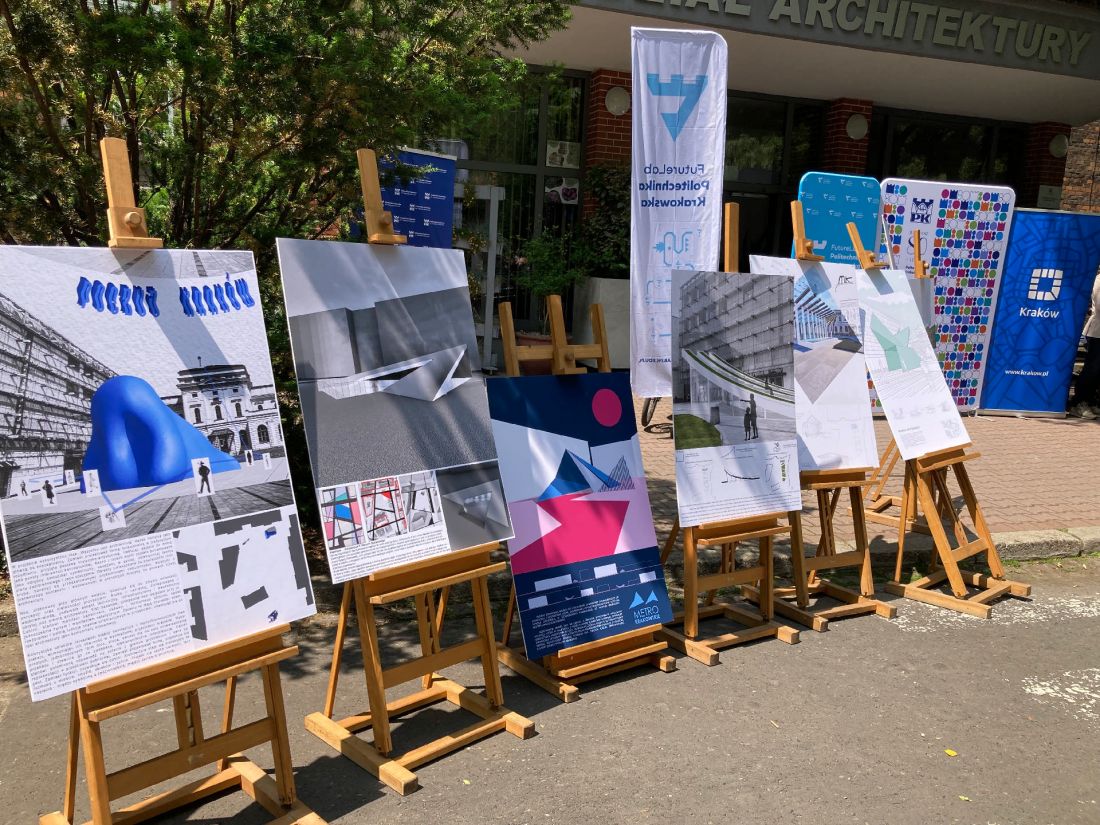 prace nagrodzone i wyróżnione w konkursie na poster ilustrujący wizję wejścia do stacji metra „Dworzec Główny” w Krakowie