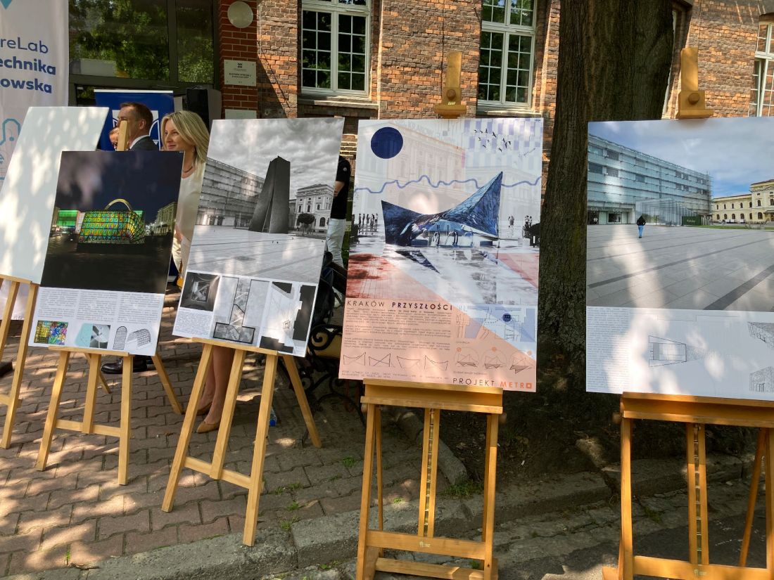 prace nagrodzone i wyróżnione w konkursie na poster ilustrujący wizję wejścia do stacji metra „Dworzec Główny” w Krakowie