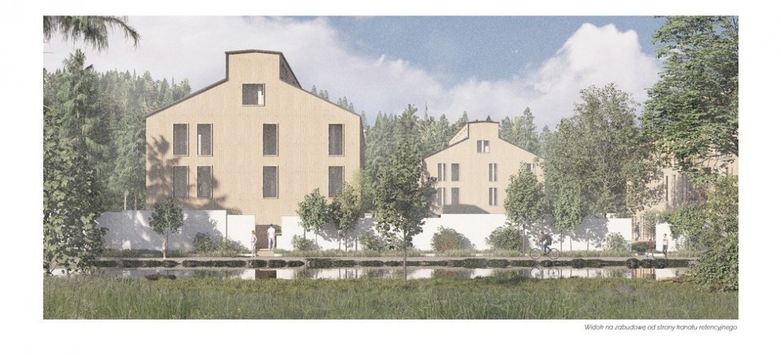 wizualizacja - widok na zabudowę od strony kanału retencyjnego