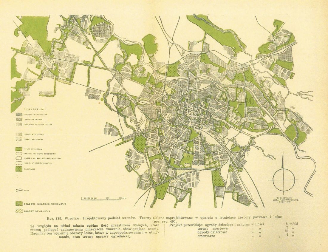 Wrocław. Projektowany podział terenów. Tereny zielone zaprojektowane w oparciu o istniejące zespoły parkowe i leśne - opracowanie z 1949 roku