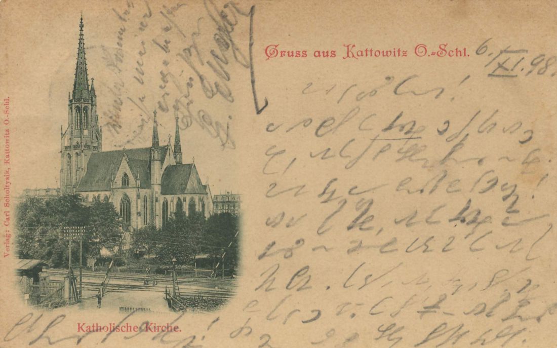 Pocztówka z końca XIX wieku z widokiem na Kościół Mariacki w Katowicach