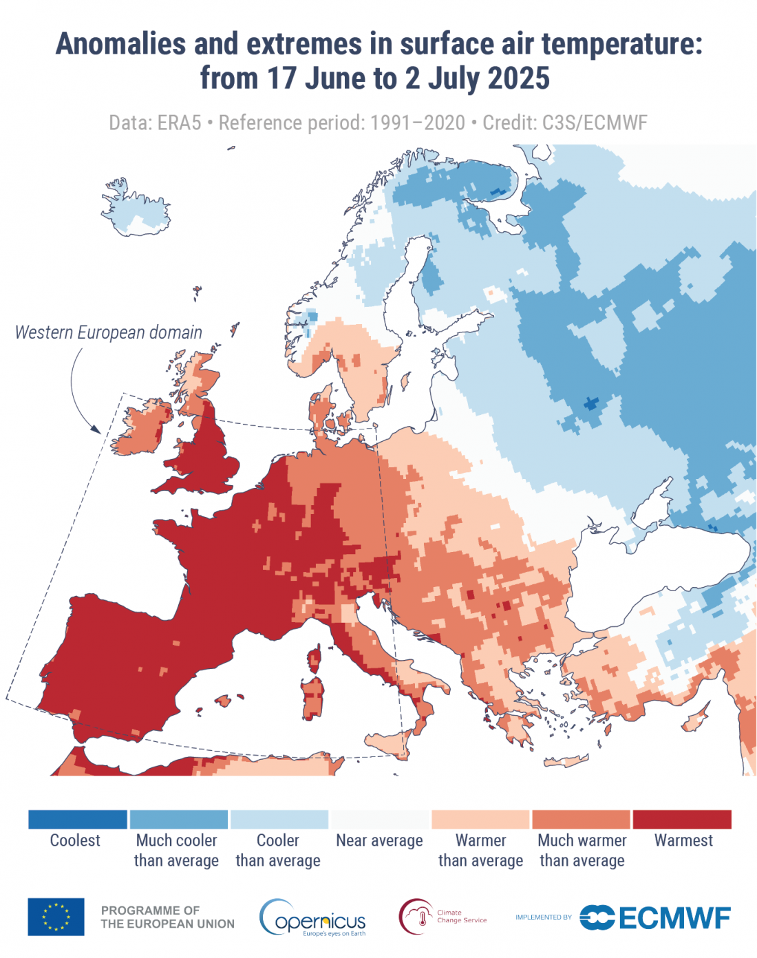 Anomalie i ekstrema temperatury powietrza przy powierzchni: 17 czerwca - 2 lipca 2025