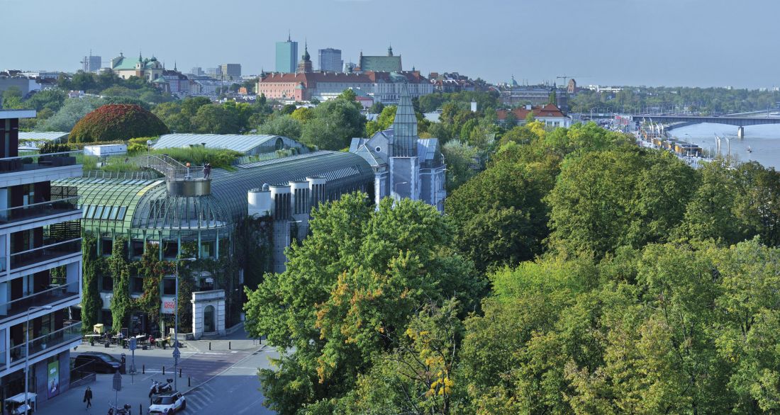 ogród na dachu Biblioteki Uniwersytetu Warszawskiego (proj.: Marek Budzyński, Zbigniew Badowski; arch. krajobrazu Irena Bajerska)