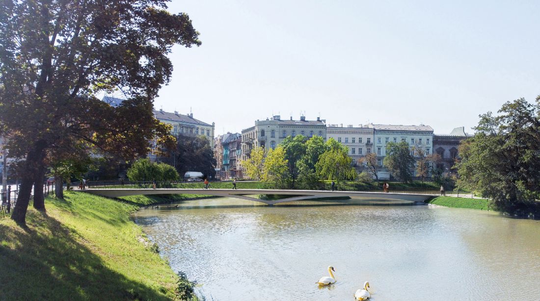 podest kładki oparty jest na dwóch łukach, które wspiera centralnie umieszczona podpora