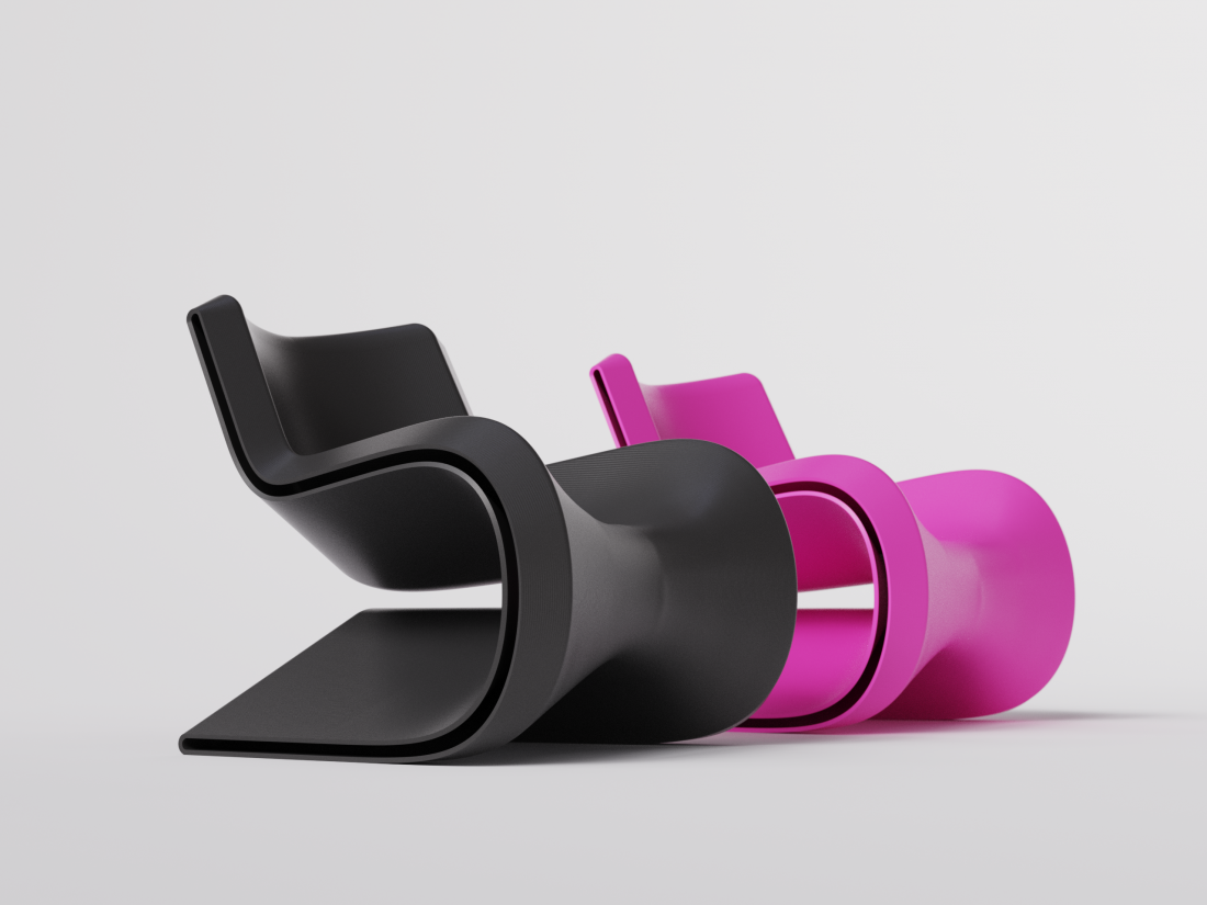 „Monark Chair” o obłych kształtach w kolorze czarnym i różowym 