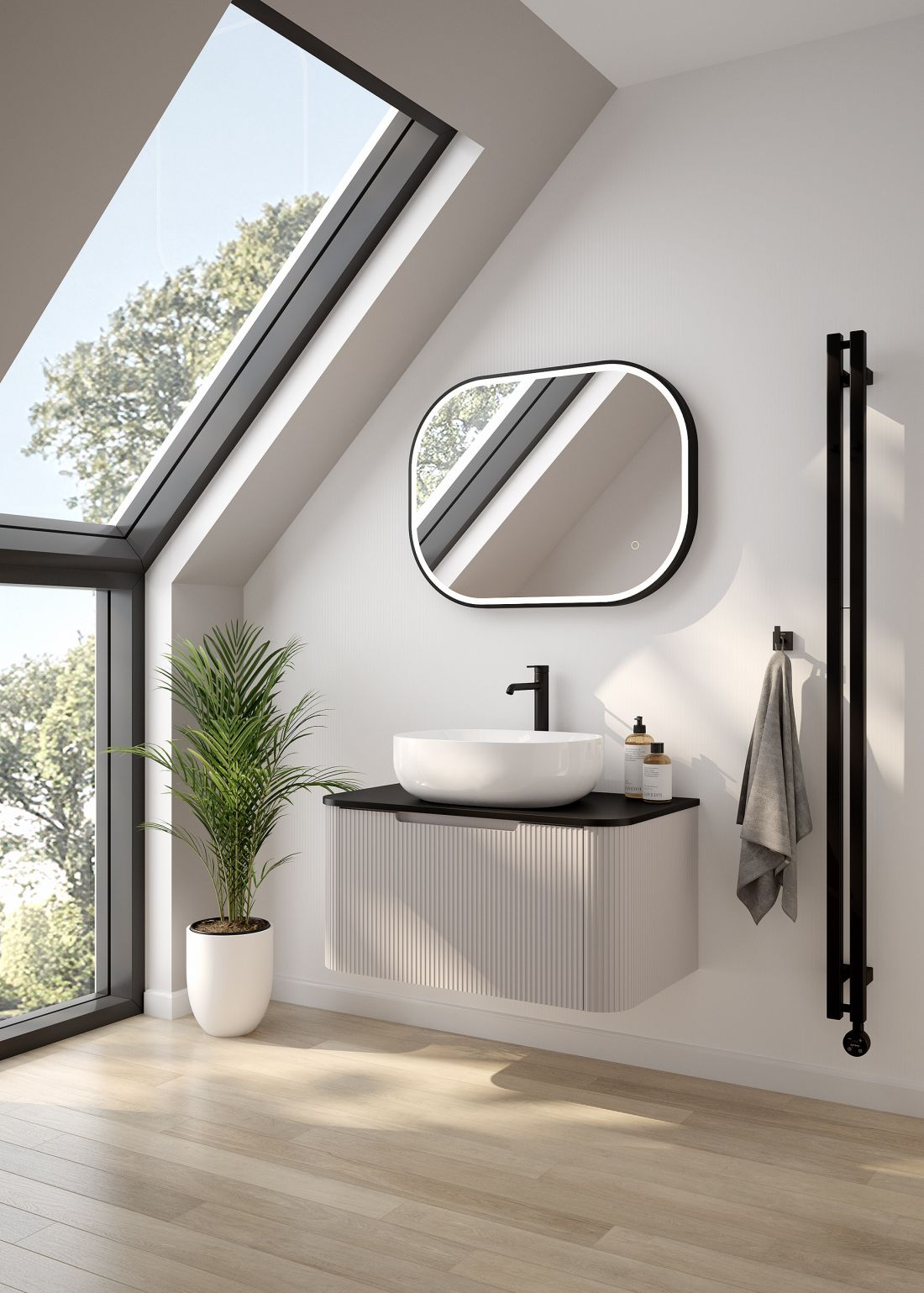 Hamnes - szafka 80 cm podumywalkowa wisząca z blatem kaszmir/czarny mat (68671900) Hamnes Thin - umywalka nablatowa z powłoką SmartClean owalna biała (40820000)