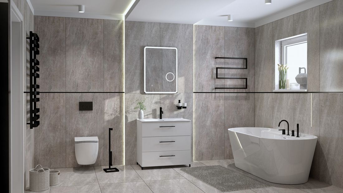 Grzejnik Scala Black Mat, miska wisząca Ergoseat 3.0, przycisk do stelaża Lav 200.4.4 Black Mat, szafka stojąca Reno z umywalką Kolorado, lustro Pomona, bateria umywalkowa niska Orion Black Mat, wieszak na ręczniki Trinidad, 