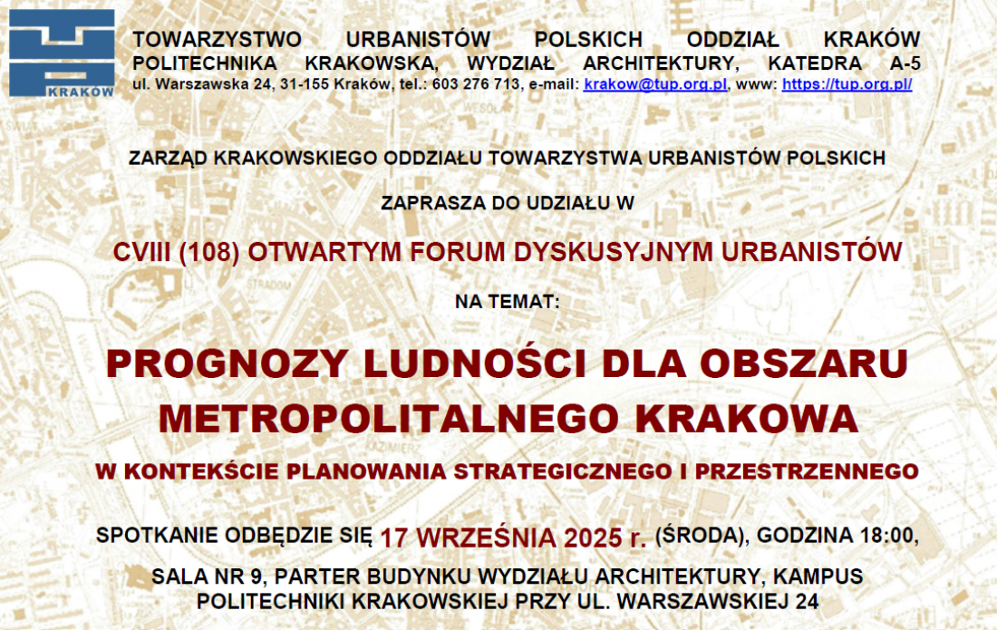 fragment afiszu zapraszającego na 108. Otwarte Forum Dyskusyjne Urbanistów nt. Prognoz ludności dla obszaru Metropolitalnego Krakowa