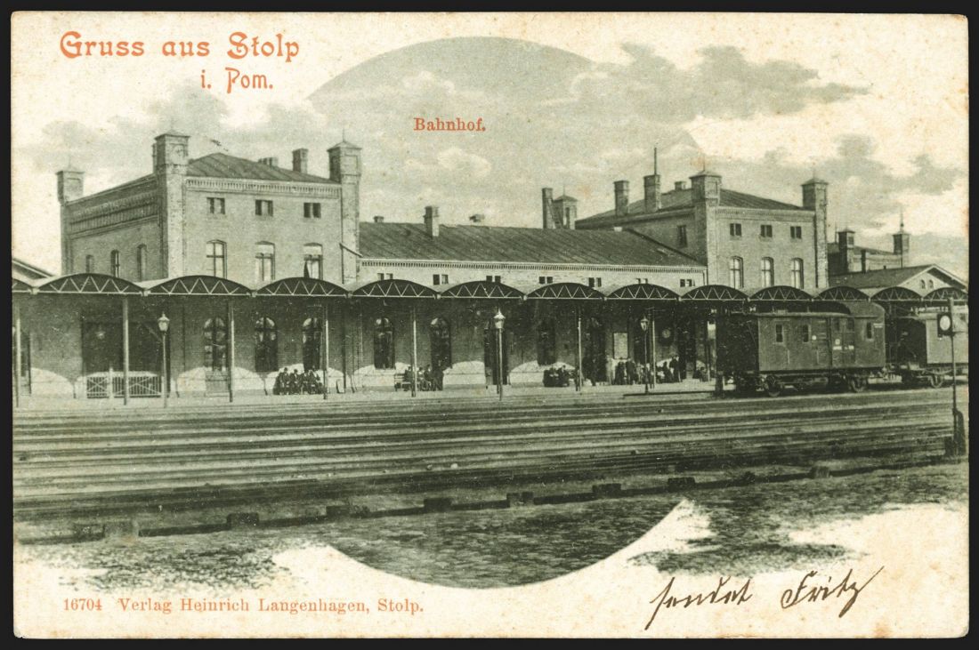 pocztówka, Gruss aus Stolp i. Pom. Bahnhof - Dworzec kolejowy w Słupsku