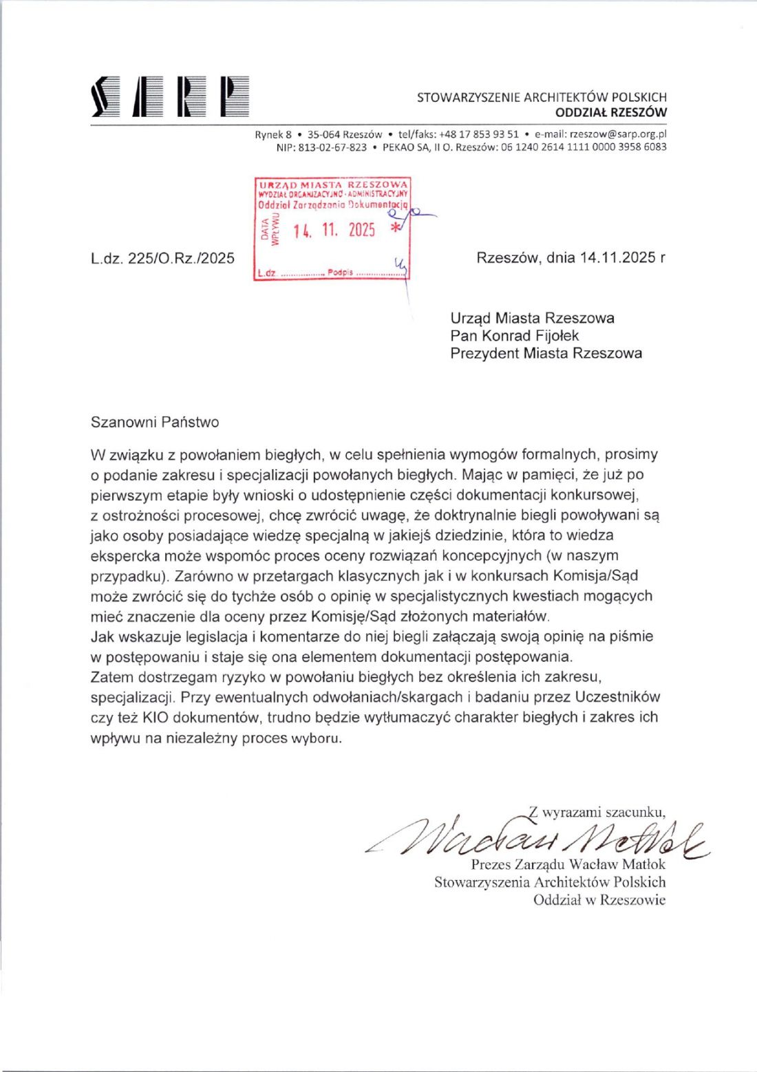 Odpowiedź SARP na pismo Zamawiającego z 14 listopada 