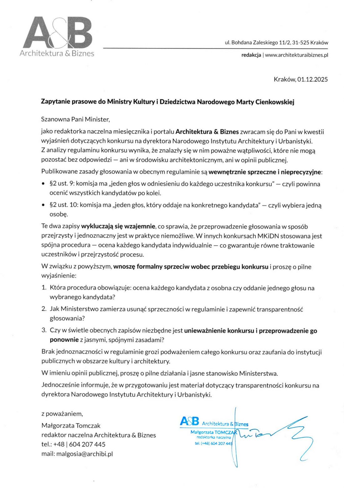 zapytanie prasowe do Ministry Kultury i Dziedzictwa Narodowego Marty Cienkowskiej w sprawie regulaminu konkursu na Dyrektora Narodowego Instytutu Architektury i Urbanistyki