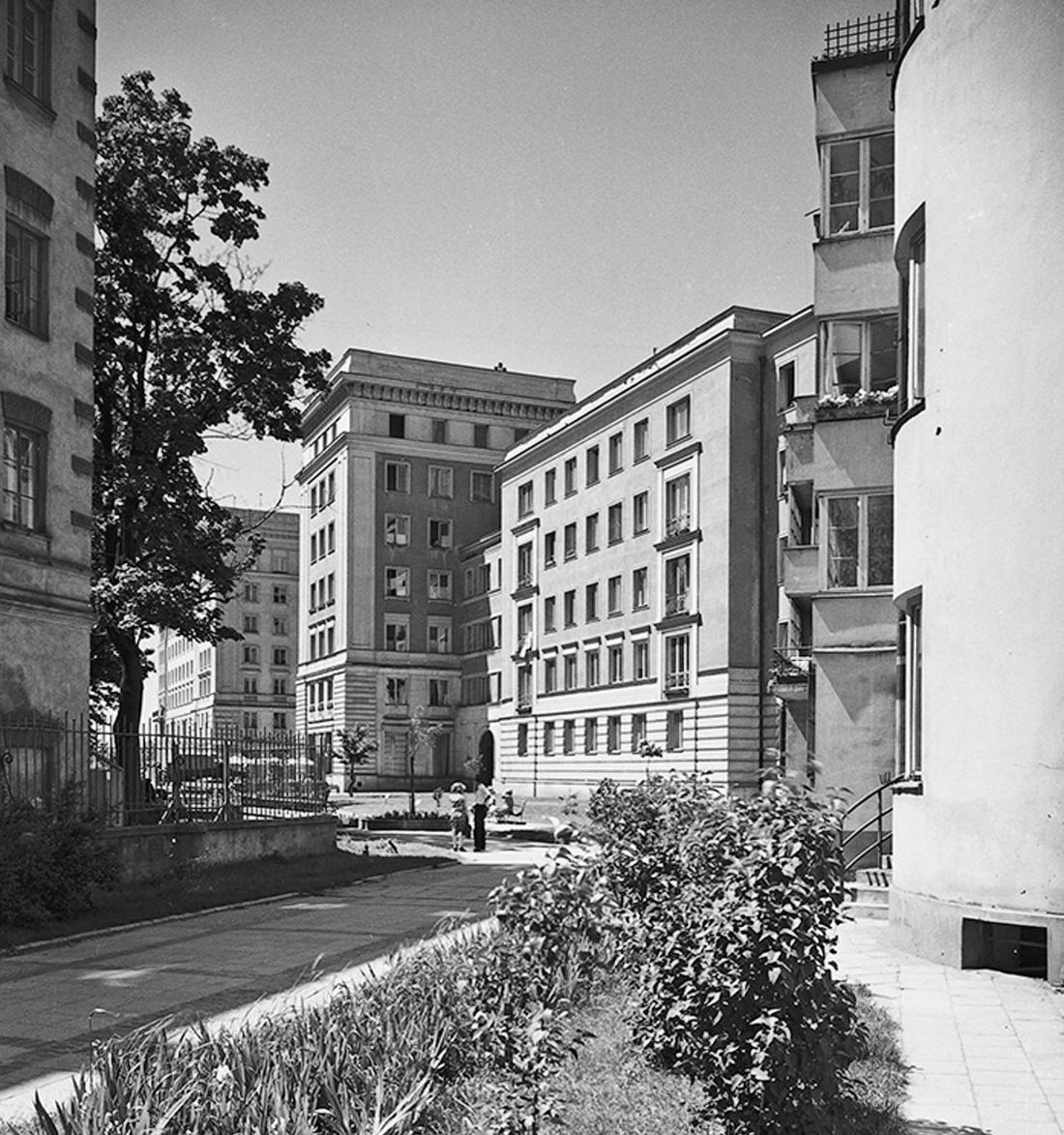 ulica Zoli, widok od alei Szucha w kierunku ulicy Marszałkowskiej, ok. 1955 roku