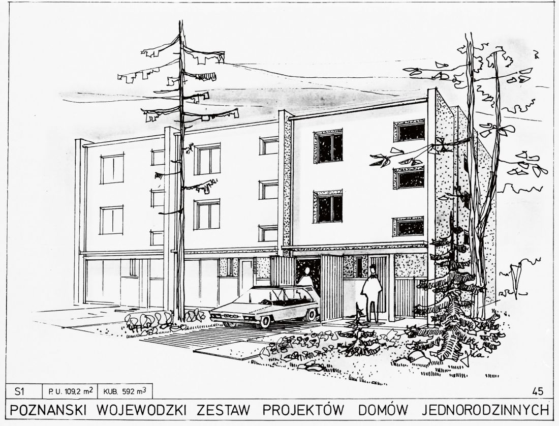 rysunek perspektywiczny domu typu nr S1 z Poznańskiego Wojewódzkiego Zestawu Projektów Domów Jednorodzinnych, rok 1977
