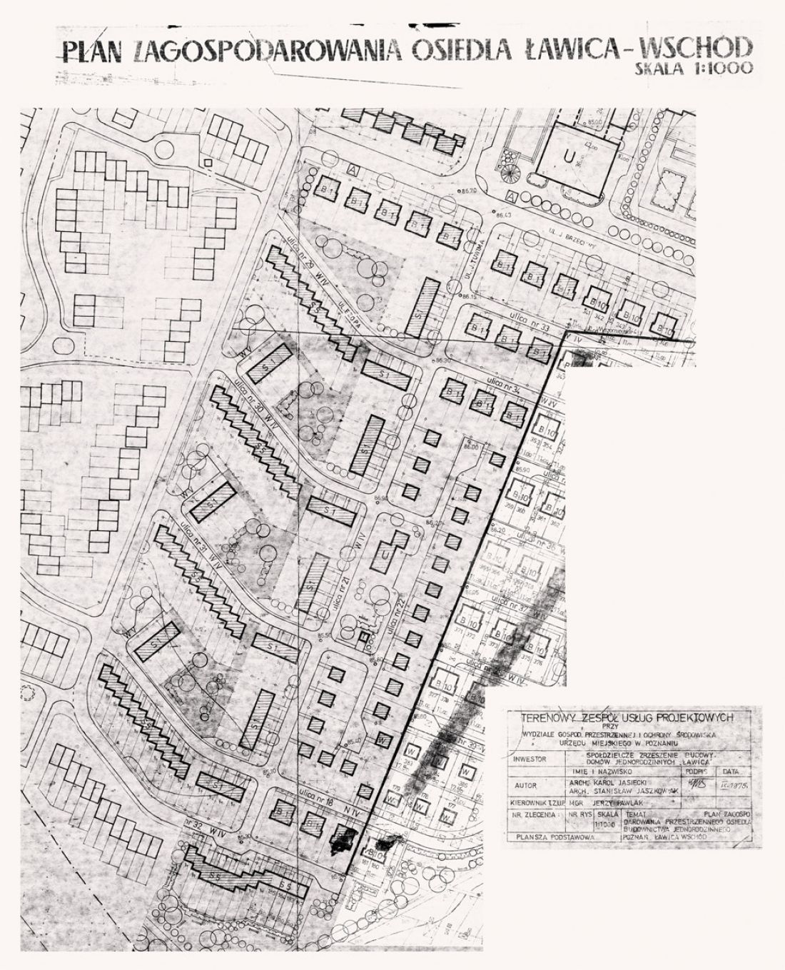 rok 1975, plan zagospodarowania przestrzennego osiedla budownictwa jednorodzinnego Poznań, Ławica Wschód - fragment, dzisiejszy obszar ulic Ezopa, Fedrusa, Kryłowa, Pana Twardowskiego