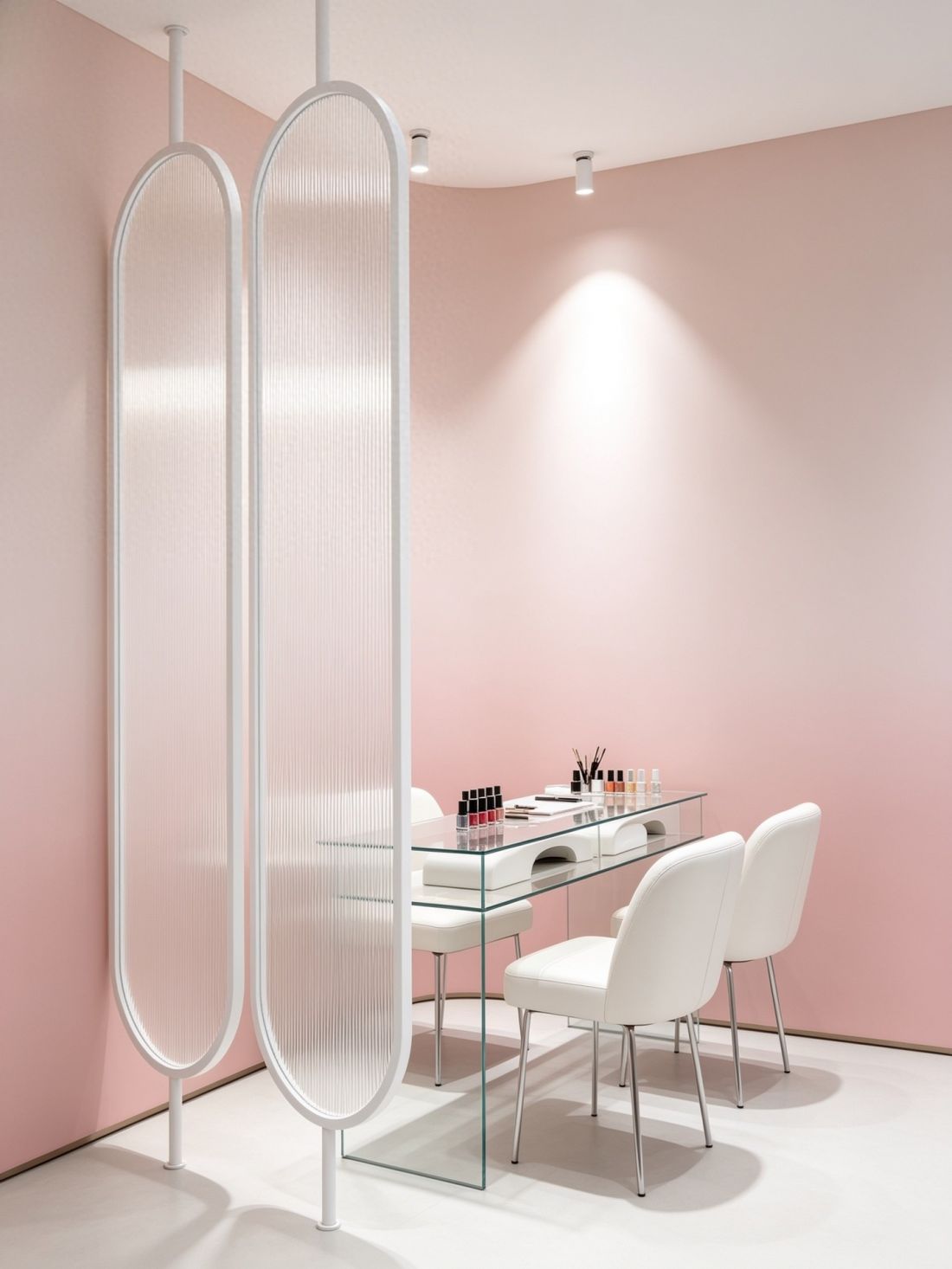 Parawany nordyckie metalowe białe szkło ryflowane salon kosmetyczny