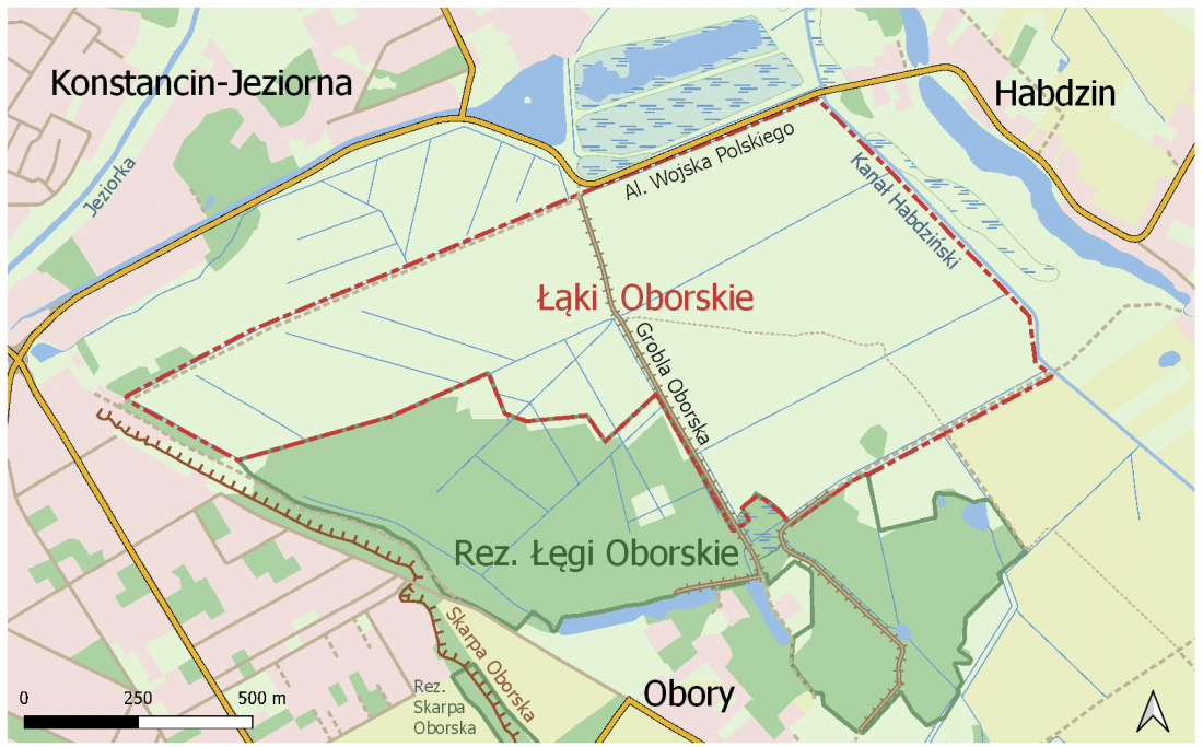 Łąki Oborskie, schematyczna mapa