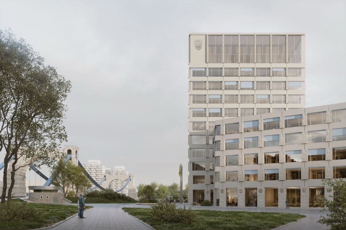 widok na budynek Urzędu Marszałkowskiego Województwa Dolnośląskiego we Wrocławiu, w tle widać budynki „Manhattanu” projektu Jadwigi Grabowskiej-Hawrylak