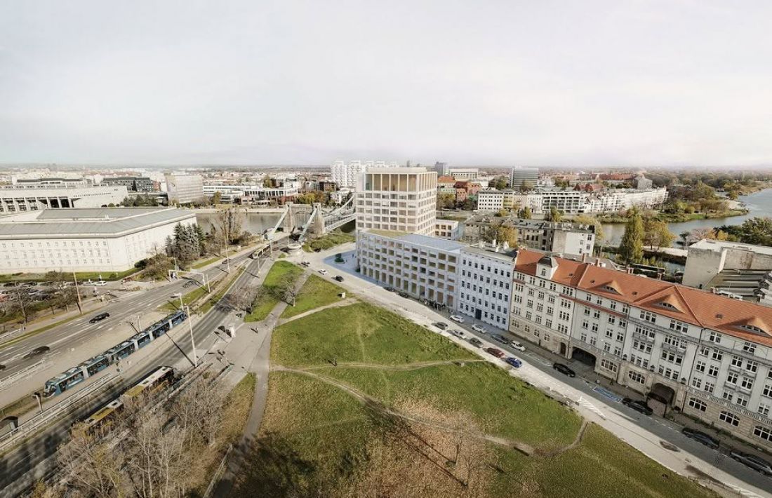 po prawej od mostu Grunwaldzkiego wkomponowany jest nowy gmach autorstwa pracowni Projekt Praga, po lewej istniejący gmach Dolnośląskiego Urzędu Wojewódzkiego