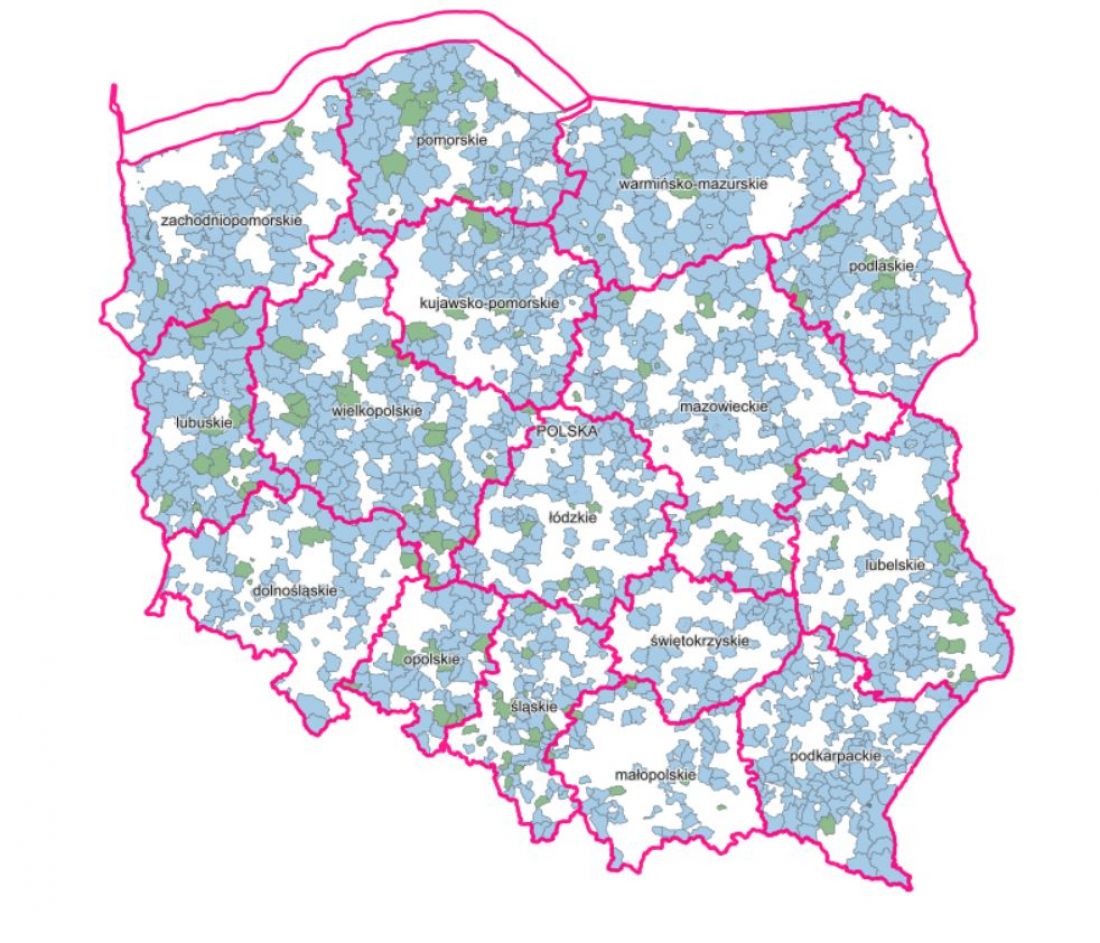 Mapa przedstawiająca pokrycie obszaru Polski uchwalonymi oraz projektowanymi planami ogólnymi