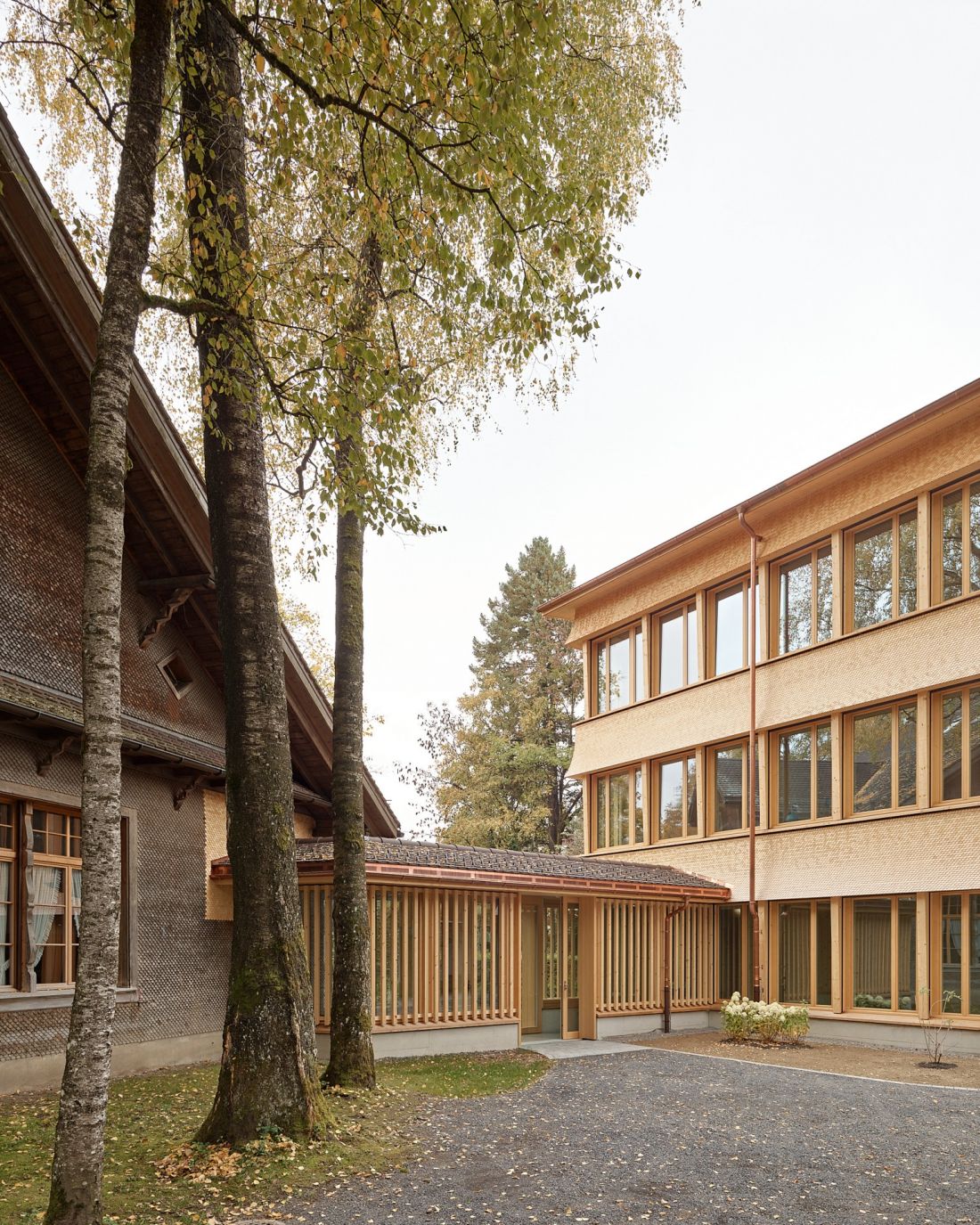 Nowy budynek Bossard Schule wpisano pomiędzy istniejącą zabudowę i połączono z nią niskim łącznikiem