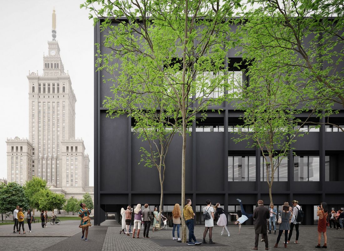 Projekt teatru TR Warszawa 2022, widok od strony forum i Muzeum Sztuki Nowoczesnej