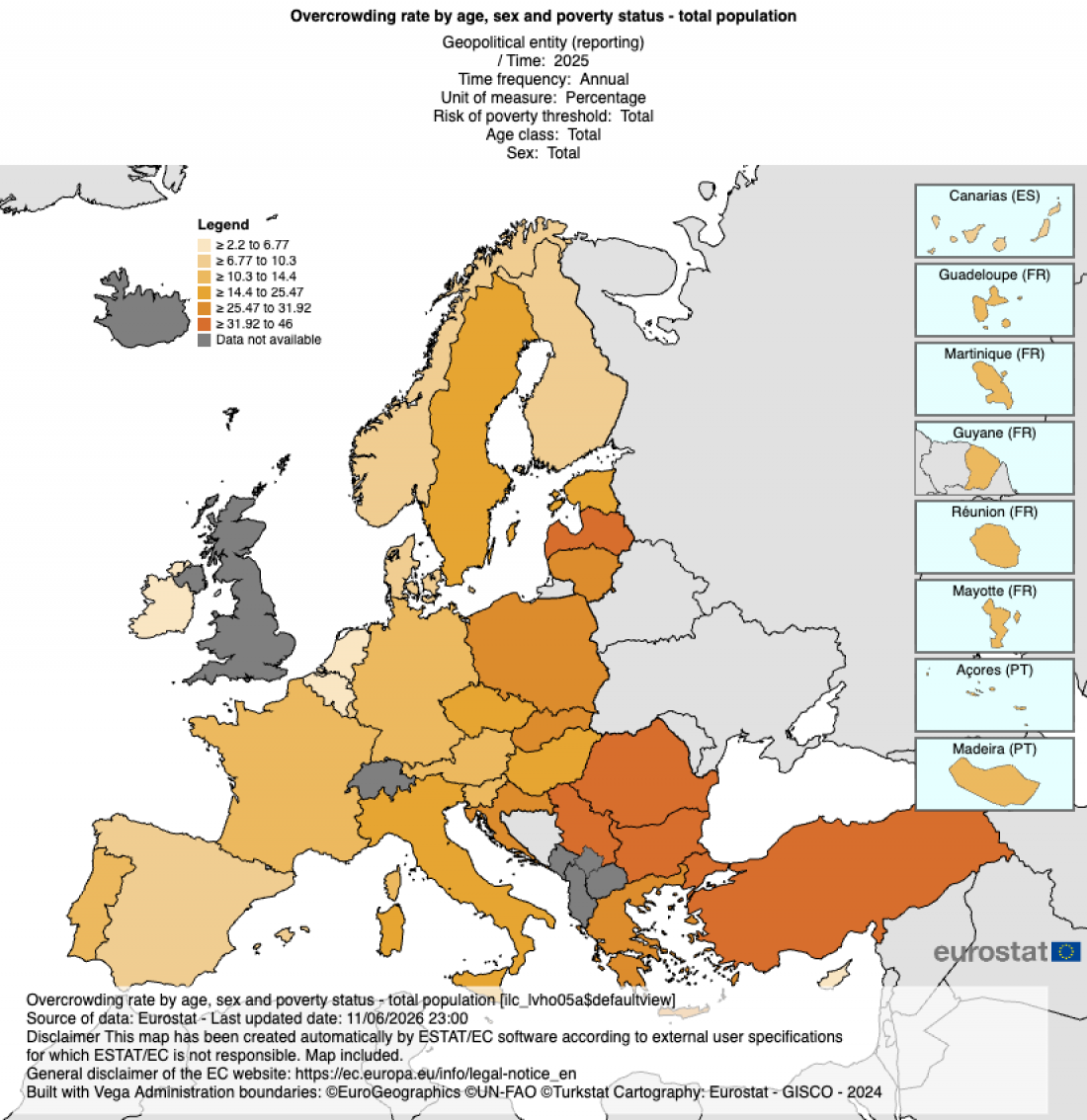 Odsetek ludności zamieszkującej przeludnione mieszkania w krajach Europy w 2025 roku.