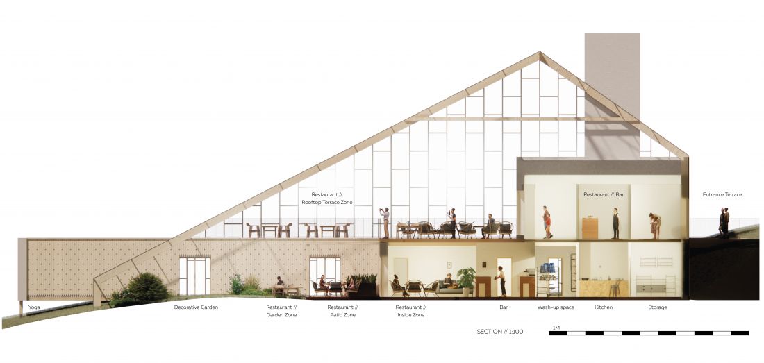Projekt
restauracji i szklarni na Islandii, przekrój