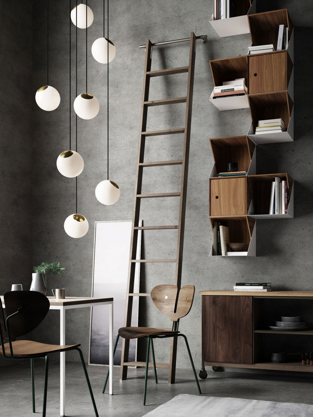 Krzesło z kolekcji Moth i lampy Bright Spot - biuro