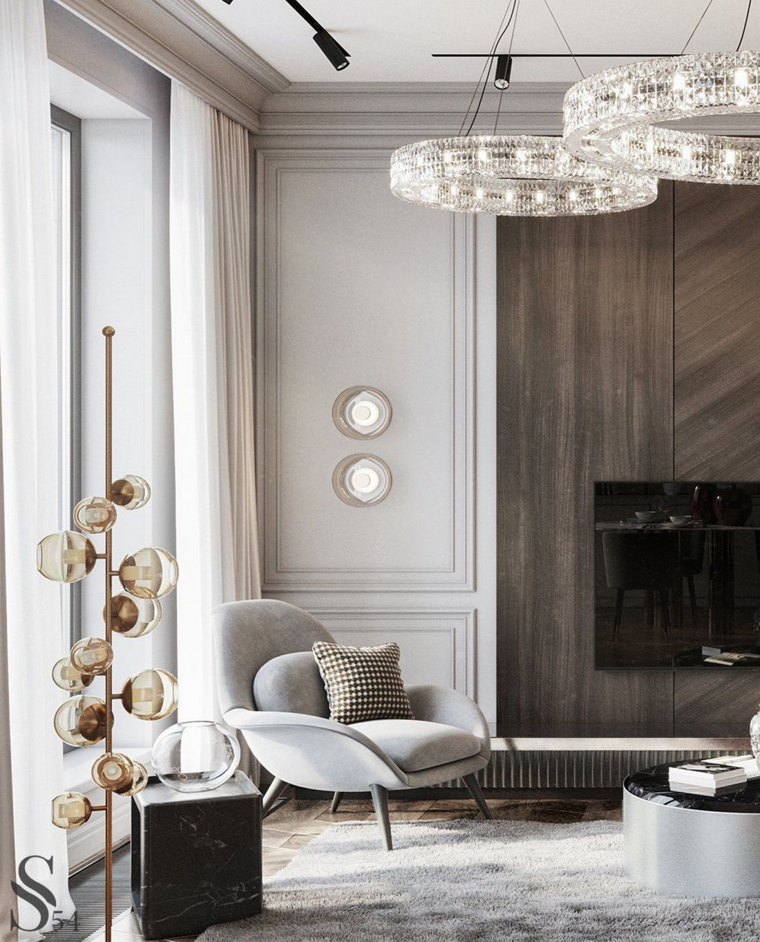 Salon w stylu glamour, z kryształowymi obręczami świetlnymi