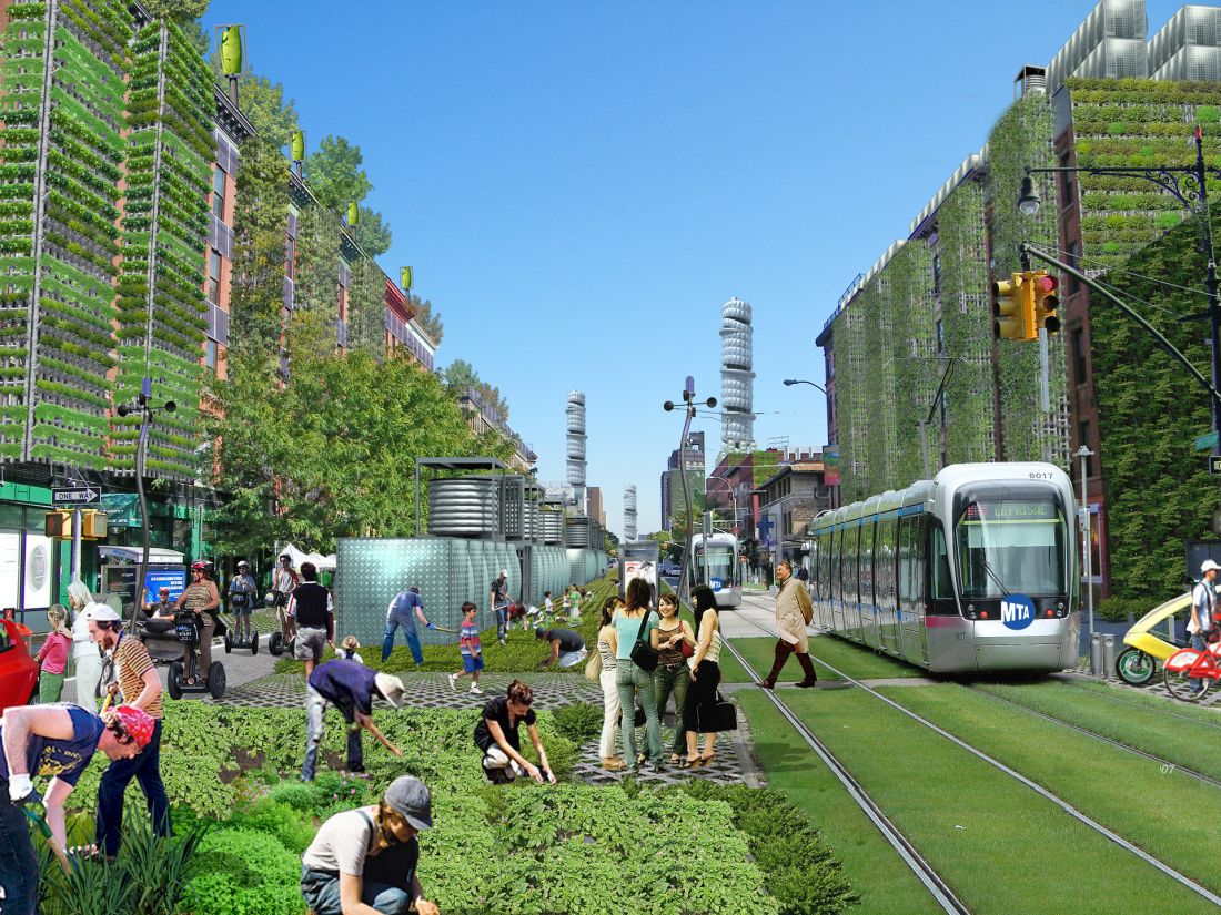 Narodziny agropolis - Terreform, New York City (Steady) State. Według tej wizji miasto działa w obiegu zamkniętym, wykorzystując wyłącznie lokalne pożywienie i zasoby, zaś praktycznie każda powierzchnia zamienia się w krajobraz produktywny. W tle wieżowce rolne. 