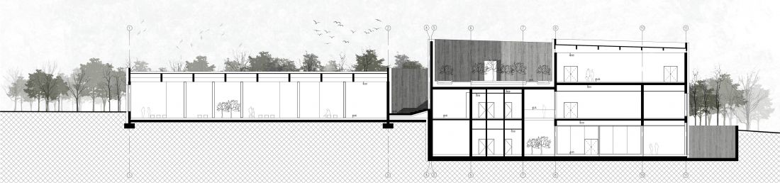 Projekt nowego obiektu muzeum w Treblince, przekrój A-A