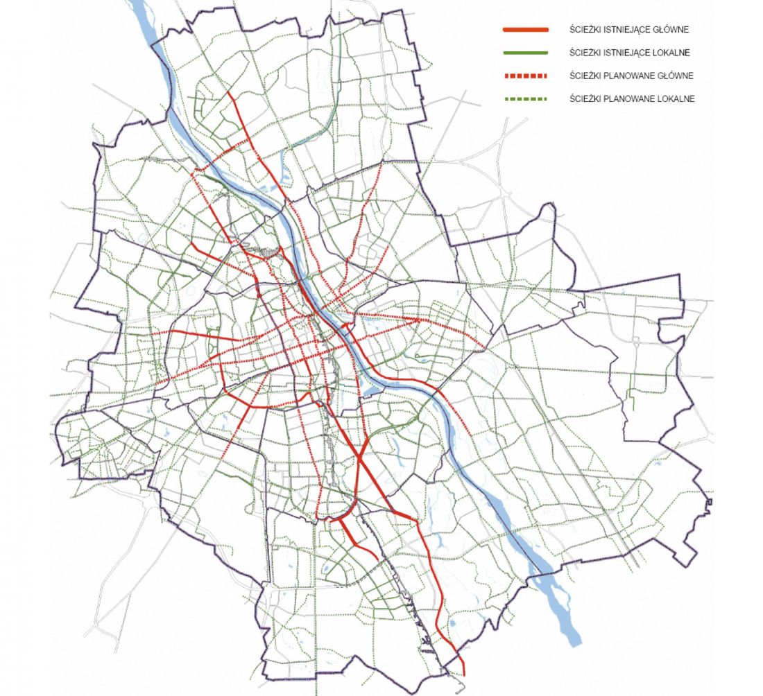 mapa istniejących i planowanych ścieżek rowerowych w Warszawie
