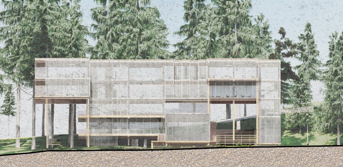 Konstrukcja biblioteki została wykonana z drewna klejonego i linek