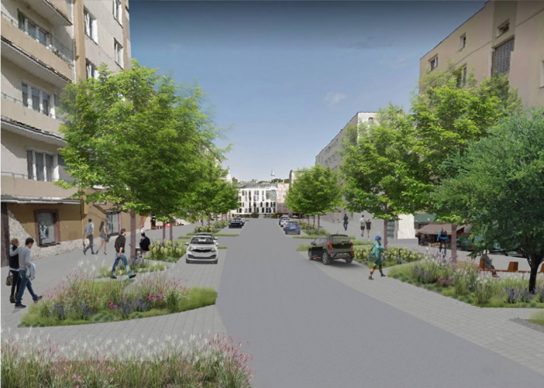 Wizualizacja ulicy Obrońców Wybrzeza po zmianach wprowadzonych w ramach projektu KLIMATyczne Centrum