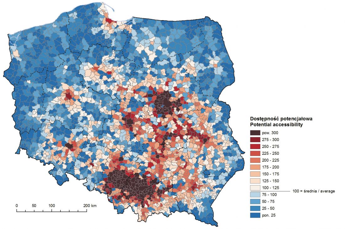 wskaźnik dostępności w transporcie publicznym jest zawsze wyższy na terenach zurbaizowanych i gęściej zaludnionych