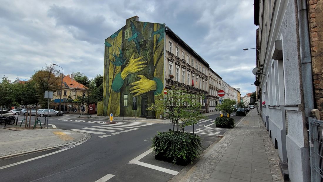 mural poznań wawrzyniaka drzewo ręce zieleń
