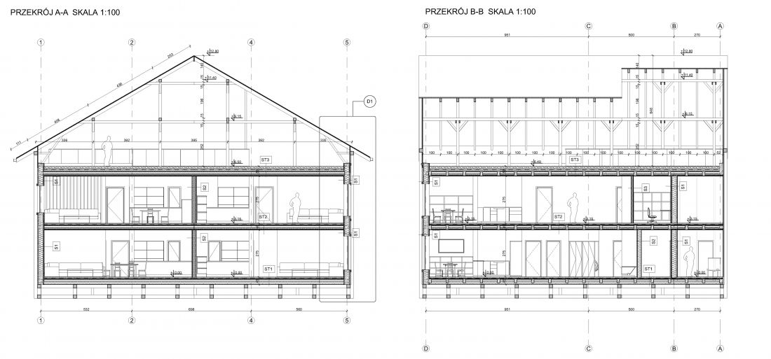 Projekt Re-Wood Housing, przekroje jednego z budynków