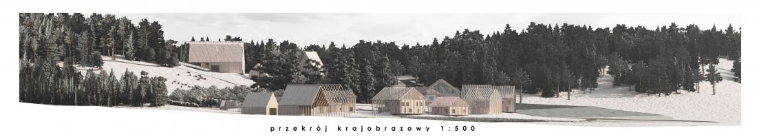 Projekt Re-Wood Housing, przekrój krajobrazowy