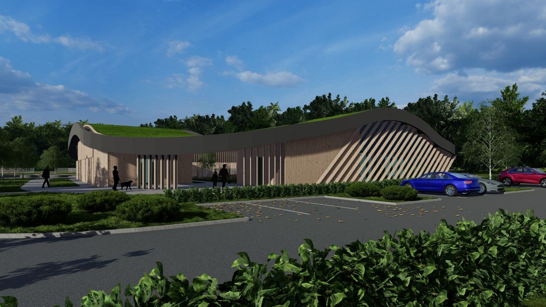 Projekt hotelu dla zwierząt, widok od strony parkingu