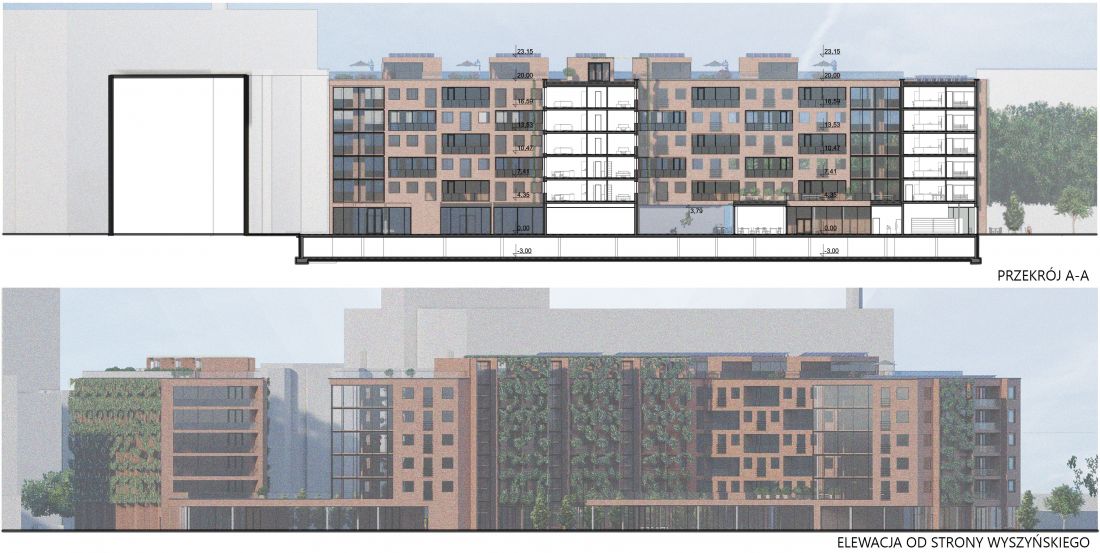 Projekt habitatu we Wrocławiu, przekrój A-A