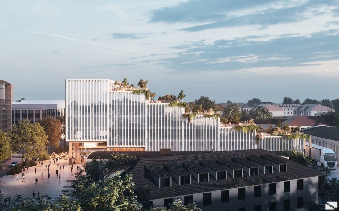 the block is distinguished by a cascading layout that visually connects the lower part of the urban fabric with the higher buildings of the campus