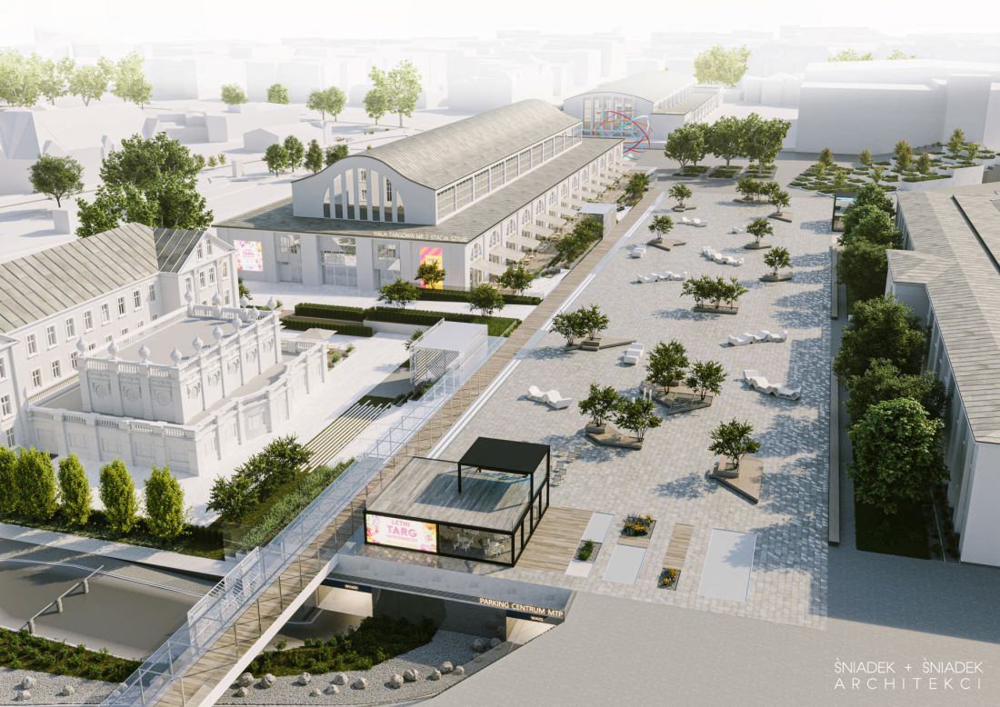 Projekt placu PWK, widok ogólny z mobilnymi meblami i donicami